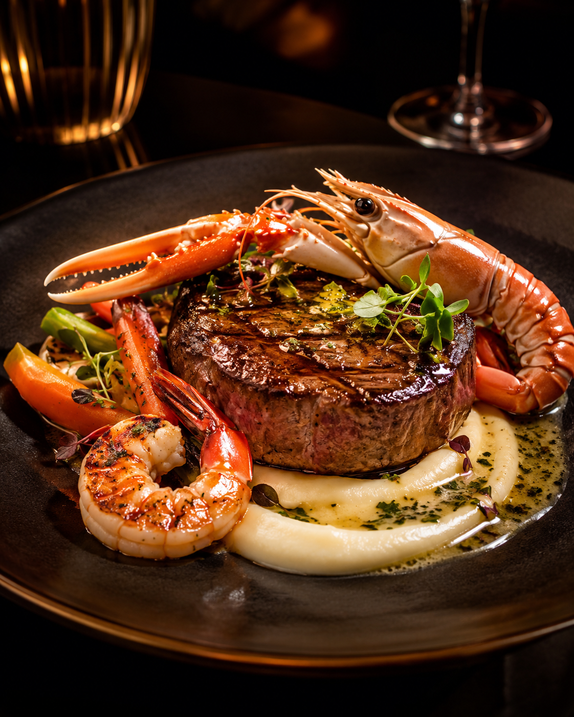 Surf and Turf med indrefilet, grillet sjøkreps, champagnesmør og Pommes Anna