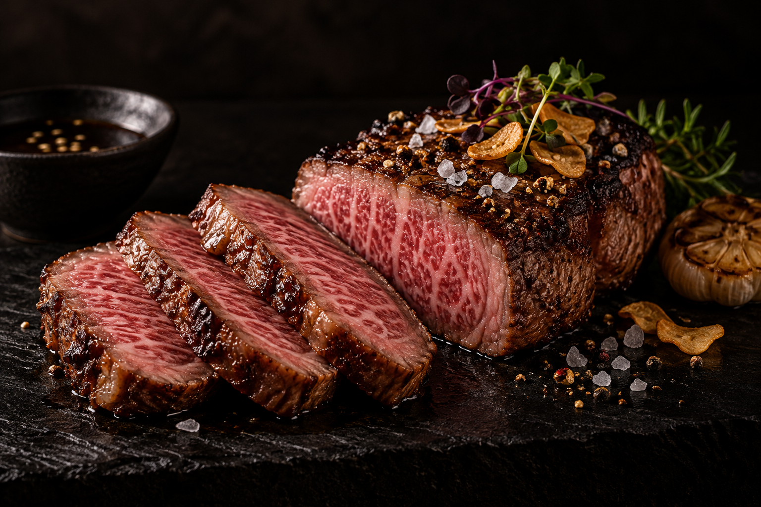 Illustrasjon av The Japanese A5 Wagyu med garnityr.