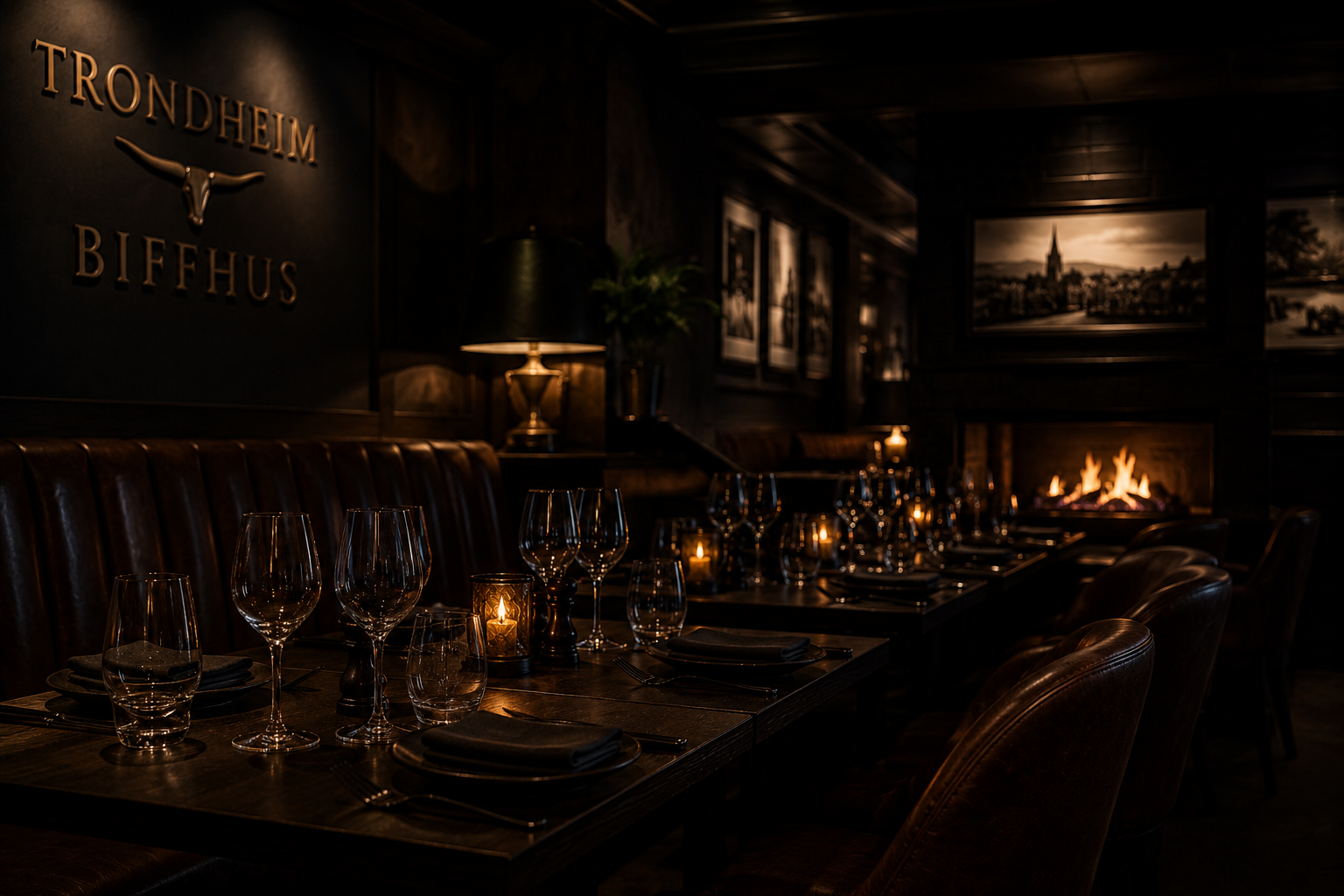 Mørkt restaurantinteriør med varmt lys hos Trondheim Biffhus