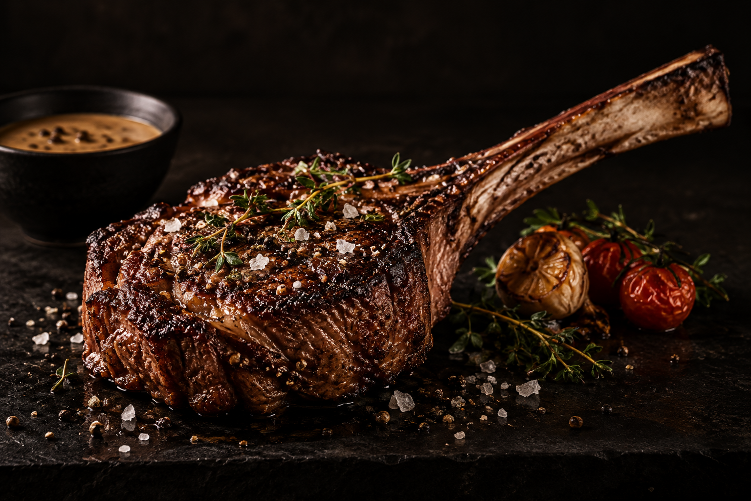 Illustrasjon av The Dry Aged Tomahawk med urter og hvitløk.