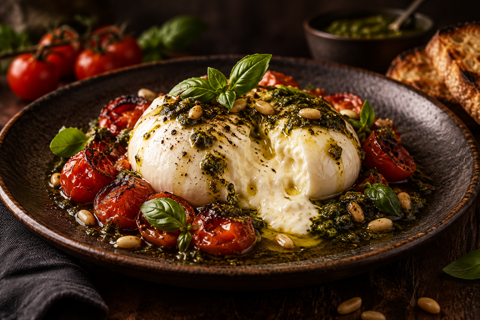 Illustrasjon av The Burrata med cherrytomater, basilikum, pesto og ristede pinjekjerner.