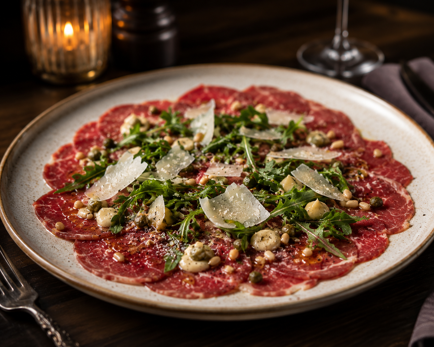 The Carpaccio med Parmigiano Reggiano, ruccola, pinjekjerner og kapers