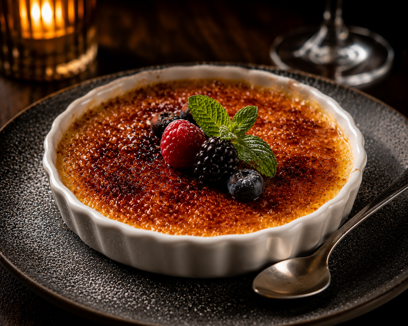 Crème Brûlée med karamellisert sukker og friske bær