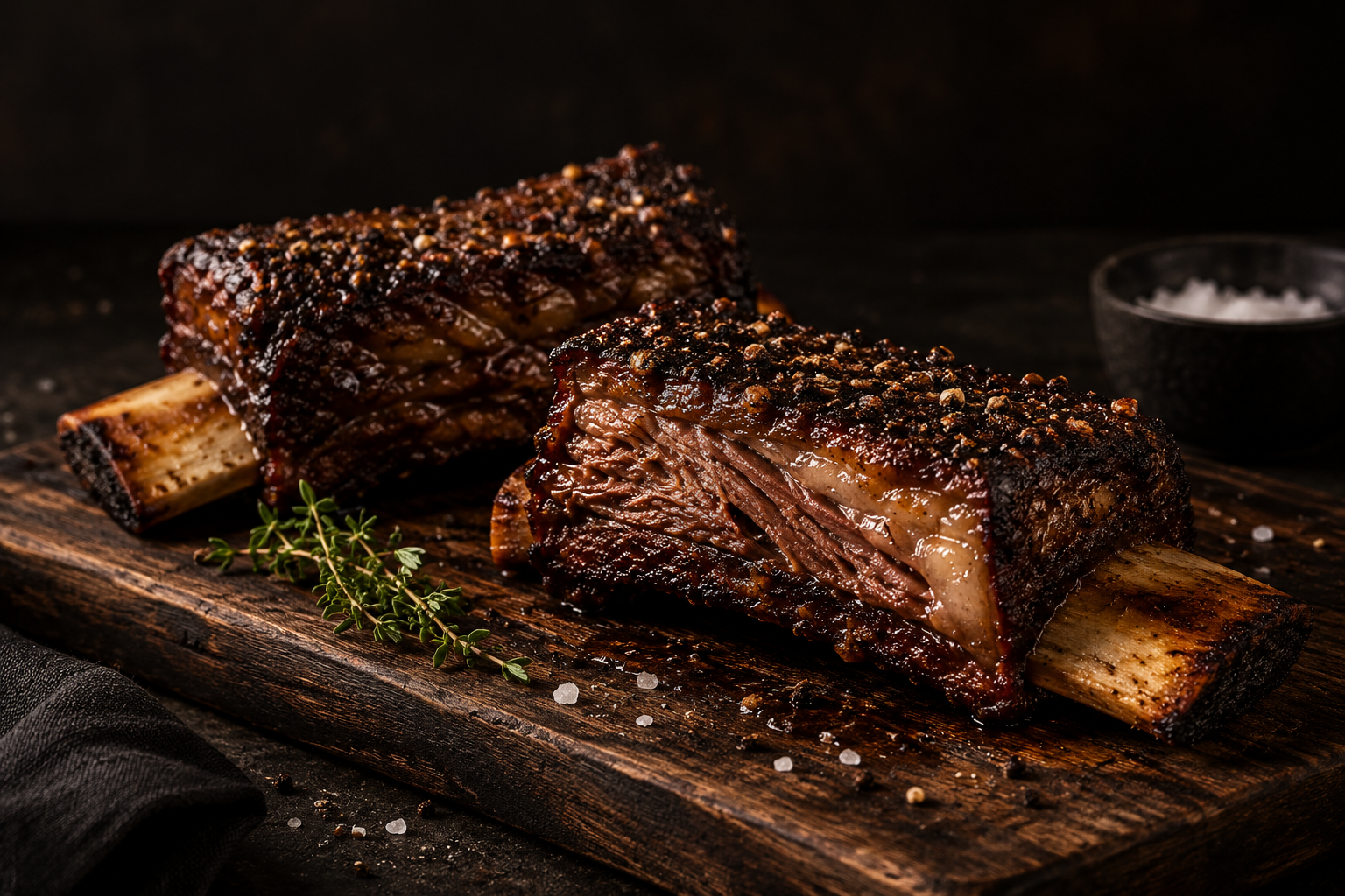 Illustrasjon av The Greater Omaha Short Ribs på rustikt trebrett.