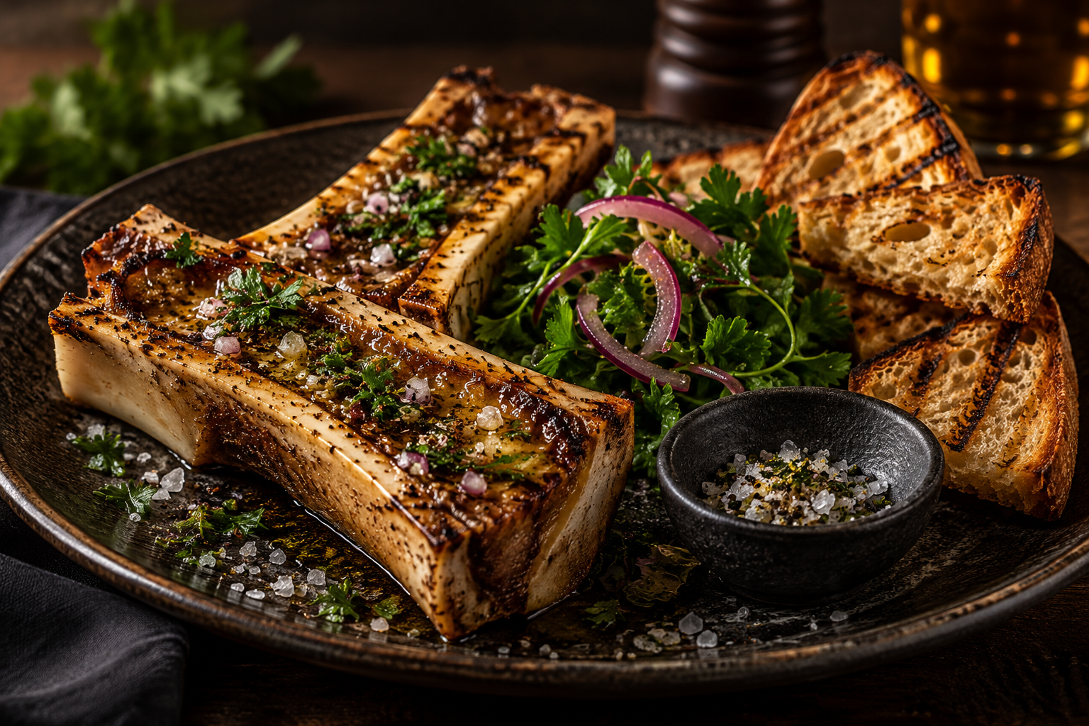 Illustrasjon av The Bone Marrow med ovnsbakt margbein, persillesalat, syltet rødløk og grillet surdeigsbrød.