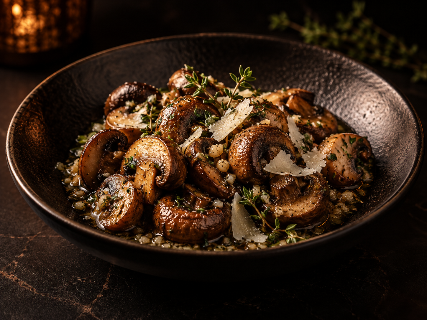 Illustrasjon av The Garlic Mushrooms med hvitløkssopp, brunet smør, timian og parmesan.