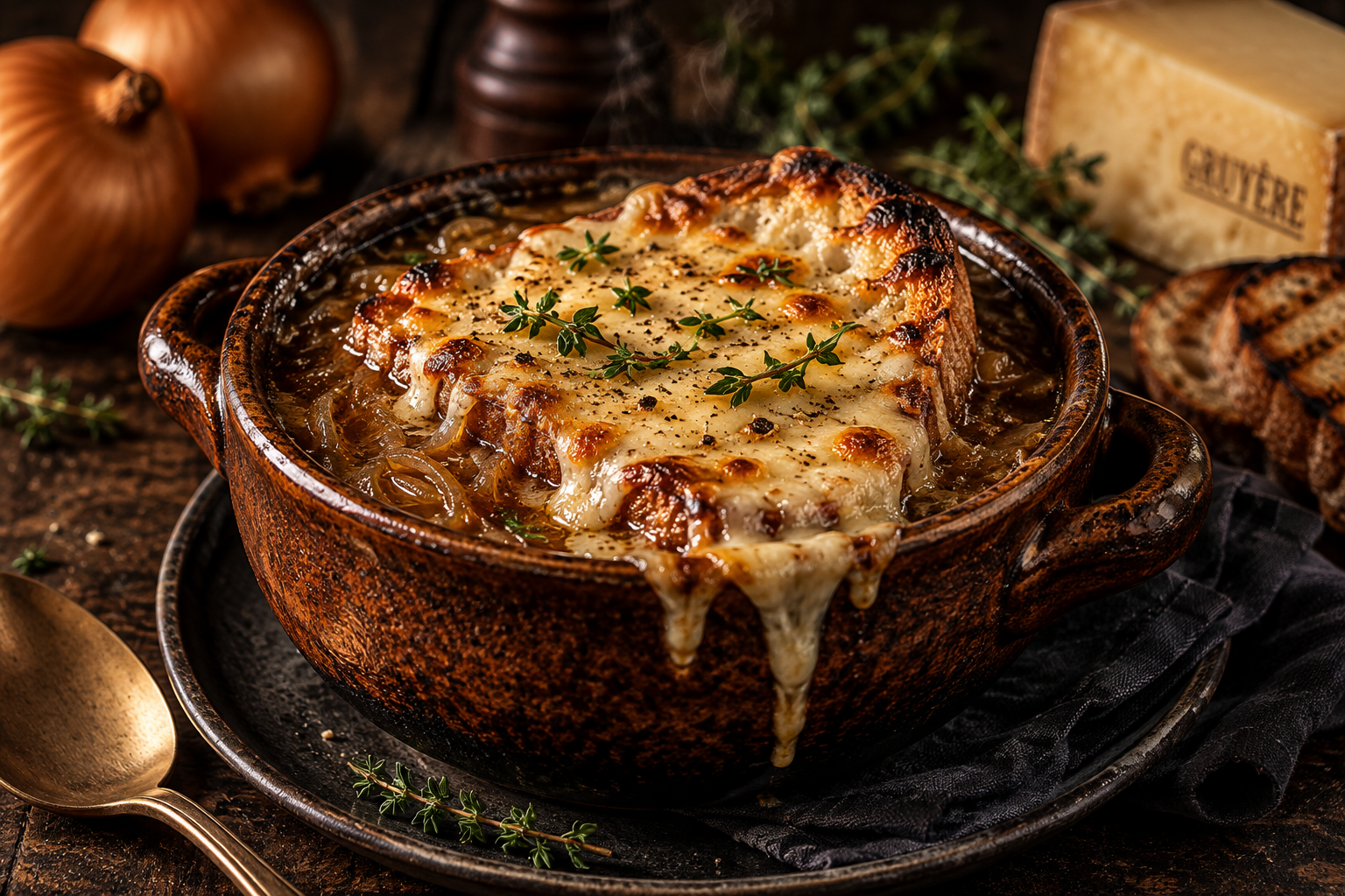 Illustrasjon av The French Onion Soup med karamellisert løk, grillet surdeigsbrød og gratinert Gruyère.