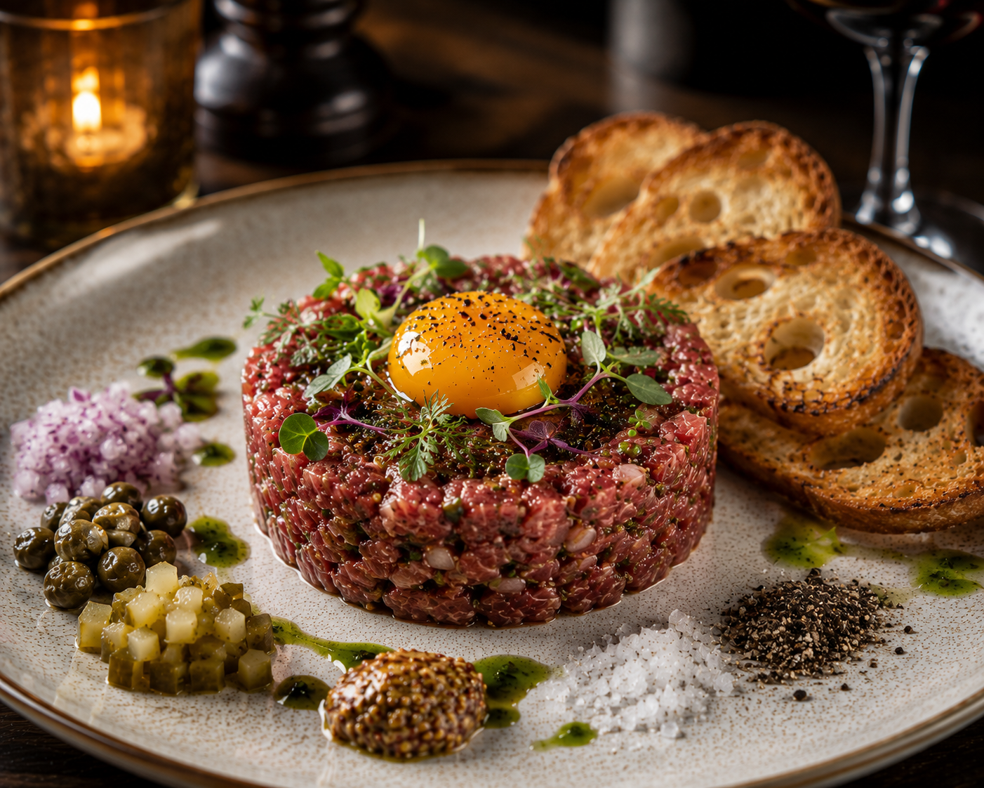The Tartare med eggeplomme, Dijon, sjalottløk og grillet brioche
