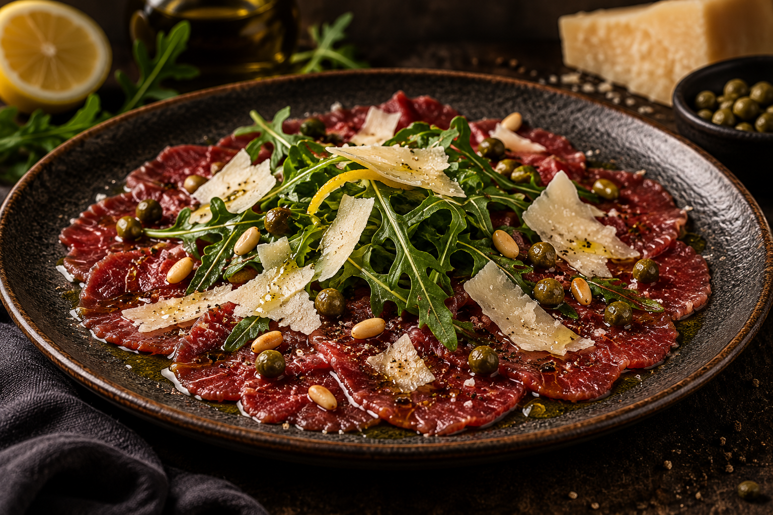 Illustrasjon av The Carpaccio med Parmigiano Reggiano, ruccola, pinjekjerner, kapers og sitron.