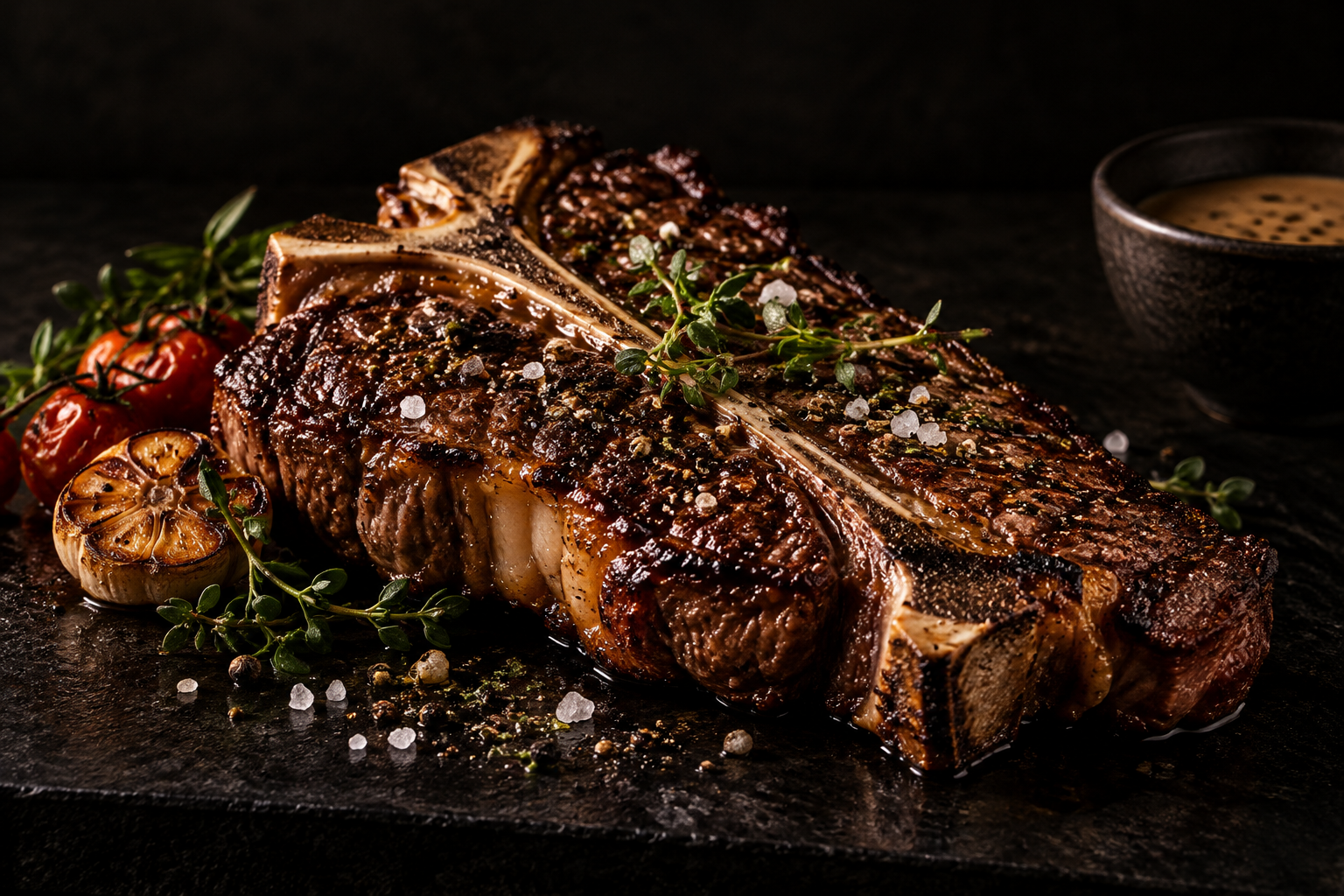 Illustrasjon av The Angus T-Bone med tilbehør.