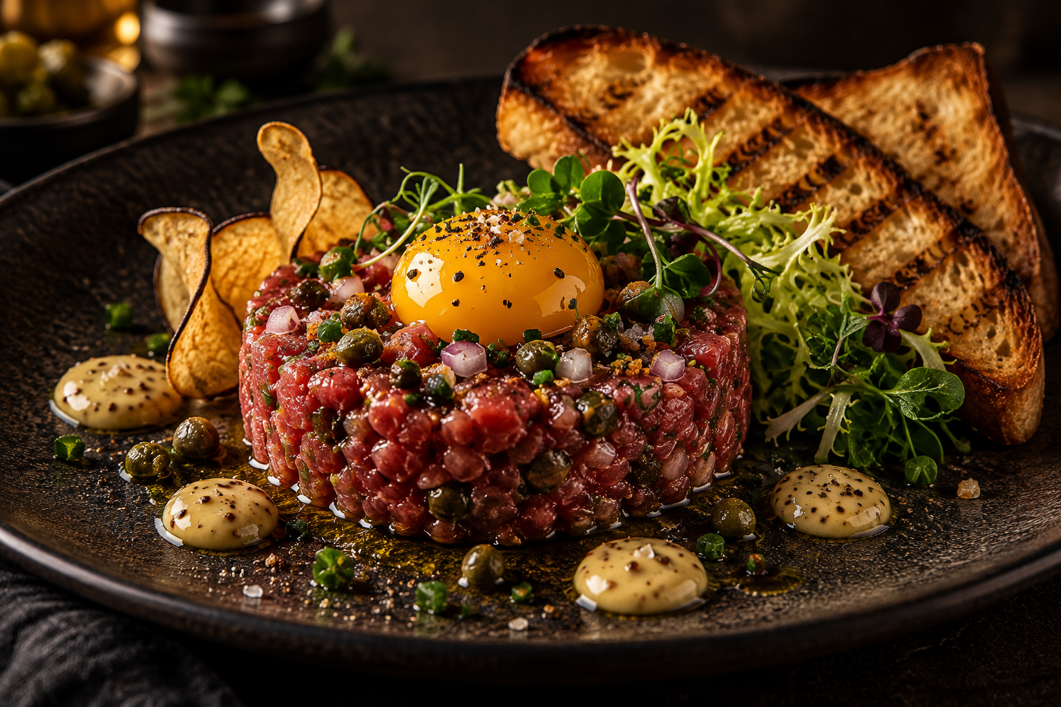 Illustrasjon av The Tartare med eggeplomme, Dijon, sjalottløk, kapers, cornichons og grillet brioche.